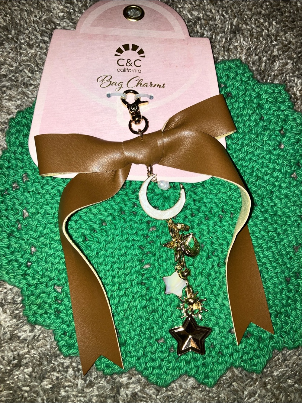 C&C California Brown Faux-Leather Bow Bag Charm with Gold Stars & Moon New